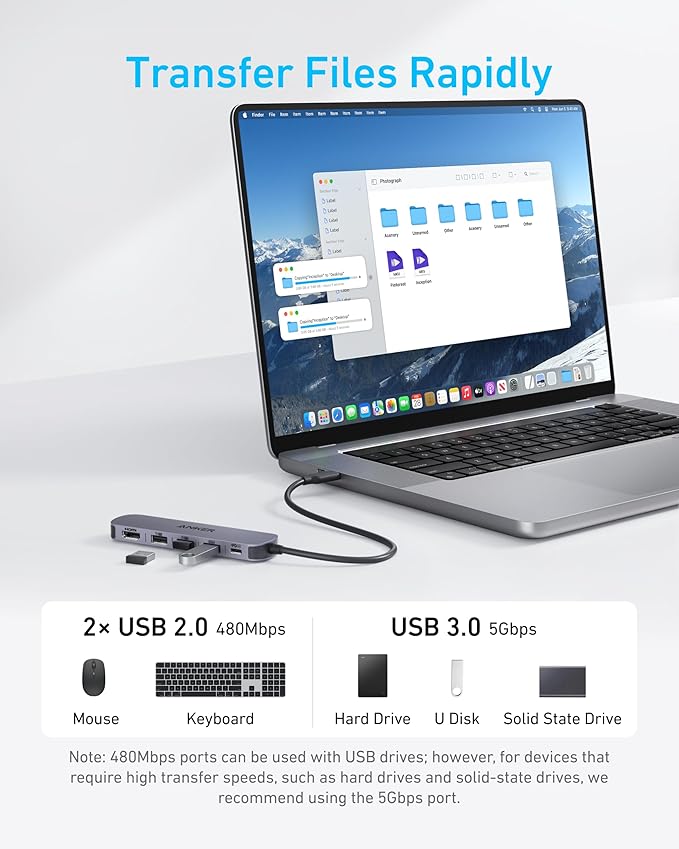 Anker USB C Hub, 5-in-1 USB Hub for Laptops, 4K HDMI USB-C Multiport Adapter with 90W Max Power Delivery, 3 USB A Data Ports USB C Dongle, Compact for MacBook, Dell, and More (Charger Not Included)