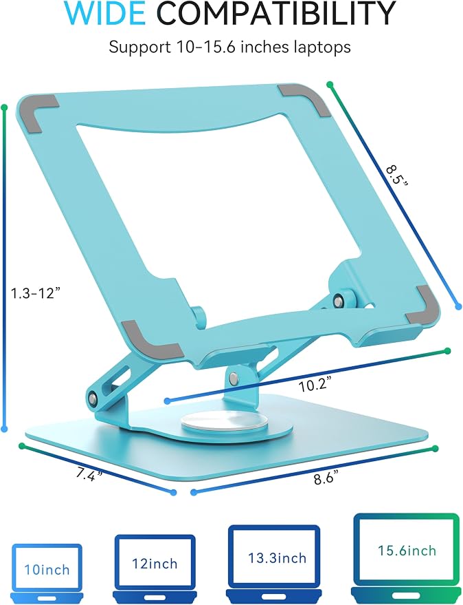 SOUNDANCE 360 Rotating Laptop Stand, Ergonomic Computer Riser for Desk, Adjustable Height Multi-Angle Metal Holder, Foldable Portable Notebook Elevating Base for Office & Home, Blue