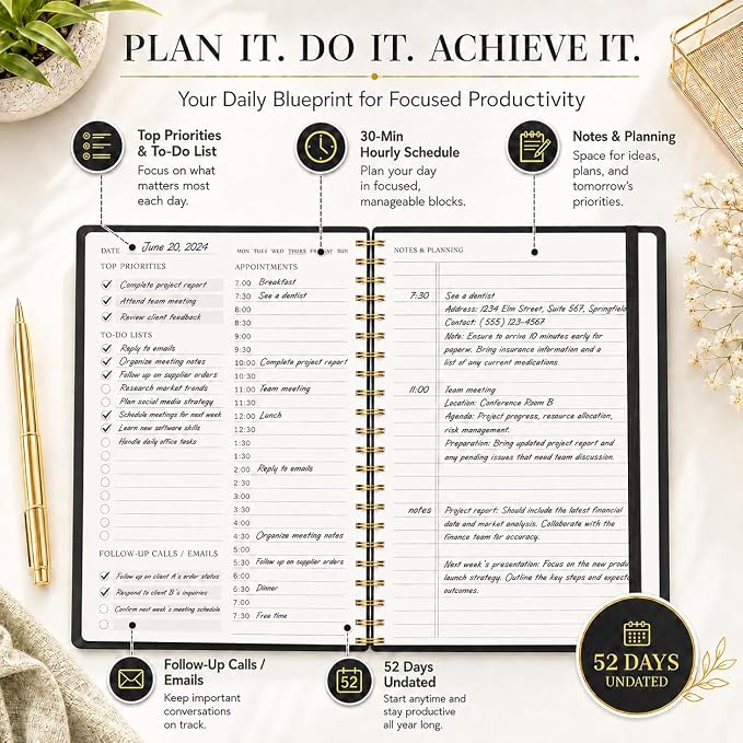 Daily Planner with Hourly Schedules - Undated To Do List Notebook for Work and Study, Spiral Bound, 5.5" x 8.5", Easily Manage Tasks and Appointments - Black