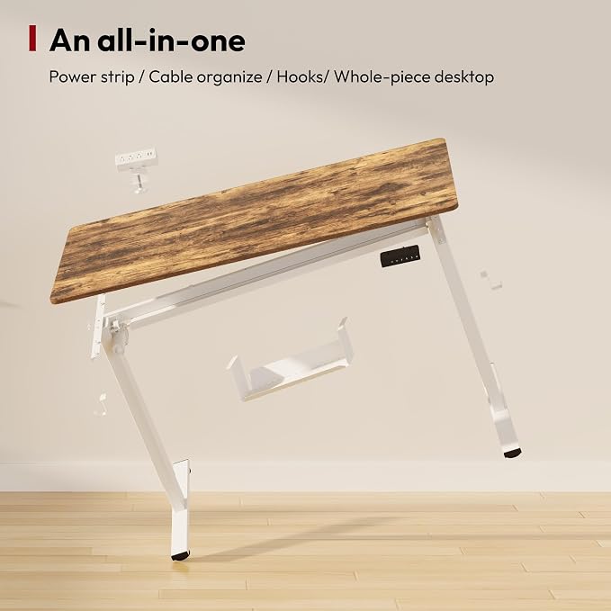 SANODESK Electric Standing Desk with Desk Clamp Power Strip 48"x 24" Whole-Piece Desktop Height Adjustable Stand Up with Cable Management Sit Stand Home Office White Frame/Rustic Brown Top