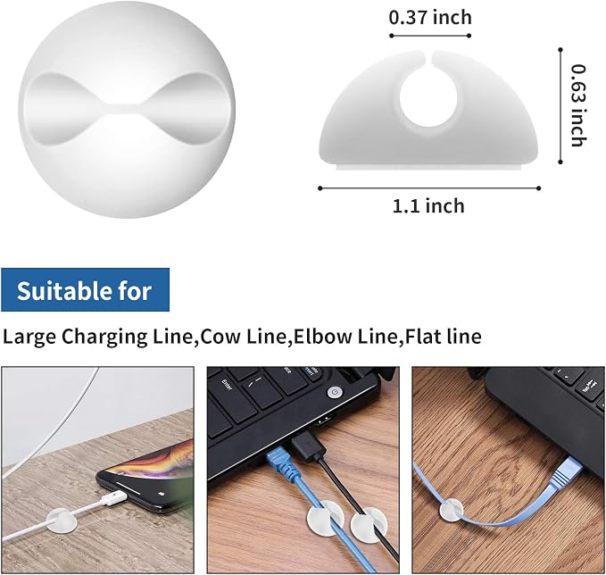 8 Pack Adhesive Cable Clips Cord Organizer for Desk, White | Self-Adhesive, Cord Organizer Management for Desk, Suitable for Computer, Charging, Electrical and Mouse Wires, Easy to Use