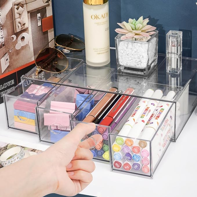 Desk Organizer with 4 Drawers, FODIENS Stackable Desktop Storage Box with Removable Drawer, Clear Sunglasses Organizer Display Case for Stationery Marker Pens Eyeglasses Office Supply | Clear Sunglasses Organizer, Display Case, Removable Drawers, For S...