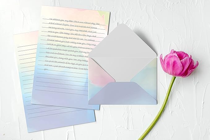 Better Office Products Mini Stationery Set, 100 Piece Set (50 Lined Watercolor Sheets + 50 Matching Envelopes), 5.5 x 8.25 inch, 12 Unique Designs, Double Sided Printing, One Side Lined Paper,