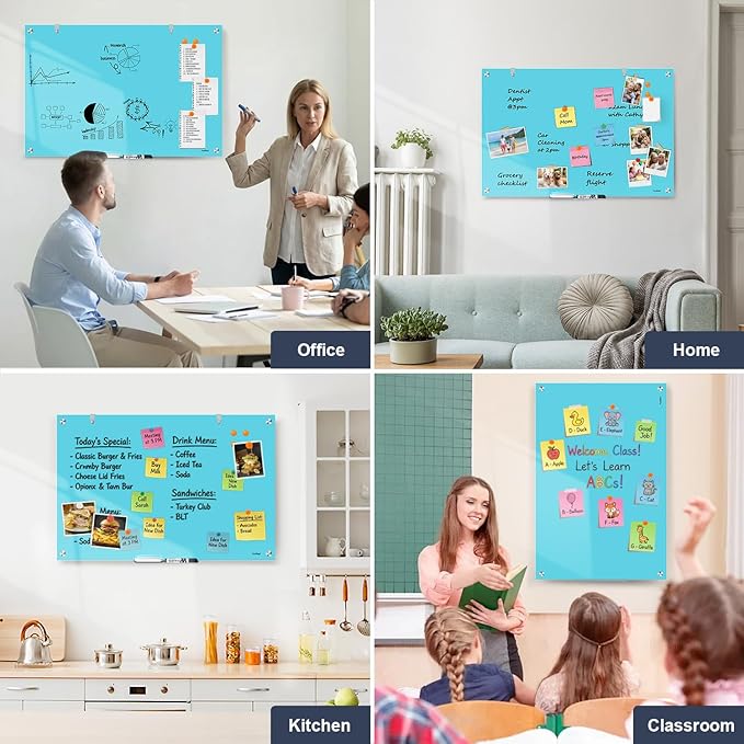 White Board Dry Erase Board 36x24 Inches Magnetic Glass Whiteboard, Large White Board for Wall Office School Classroom Home, 3x2 Feet Blue Glass Whiteboard Wall Mounted