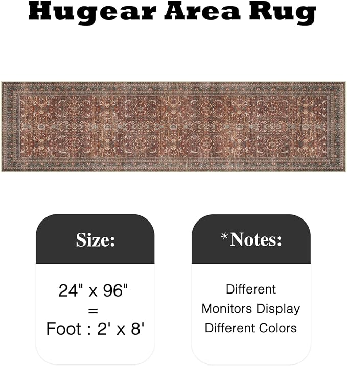 HUGEAR 2x8 Runner Rug Hallway Vintage Brick Red Machine Washable Retro Floral Low Pile Carpet Vacuumable Distressed Long Throw Rug Bedroom Office Bathroom Kitchen Laundry Non Slip Soft Lightweight
