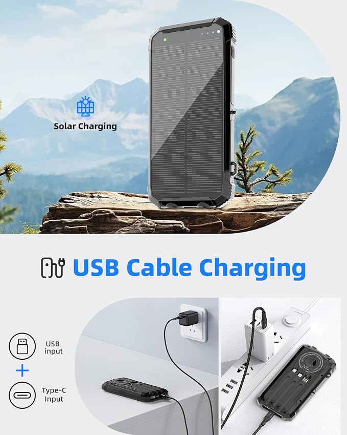 Nuynix Solar Power Bank 20000mAh, Wireless Fast Charger with 3 Built-in Cables, USB-C Output Portable Battery Pack, Dual Flashlights Power Bank for iPhone 17 16 15 14, Samsung Galaxy, Camping