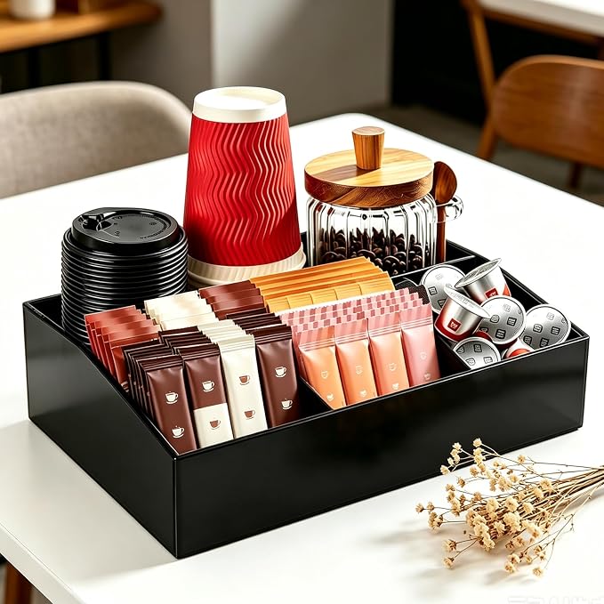 Coffee Bar Accessories, Acrylic Coffee Station Organizer Storage Box | Black Coffee Station Accessories with Removable Dividers for Pod Condiment Syrup Cup Stirrer Tea Bag, Farmhouse Table Decor