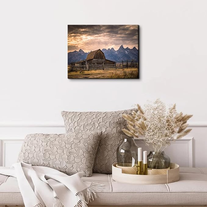 Grand Teton National Park Canvas Wall Art Sunset Moulton Barn Landscape Wall Decor, Wyoming Nature Mountains Scenery Picture Artwork Painting Decoration for Home Living Room Bedroom Kitchen 12x16"