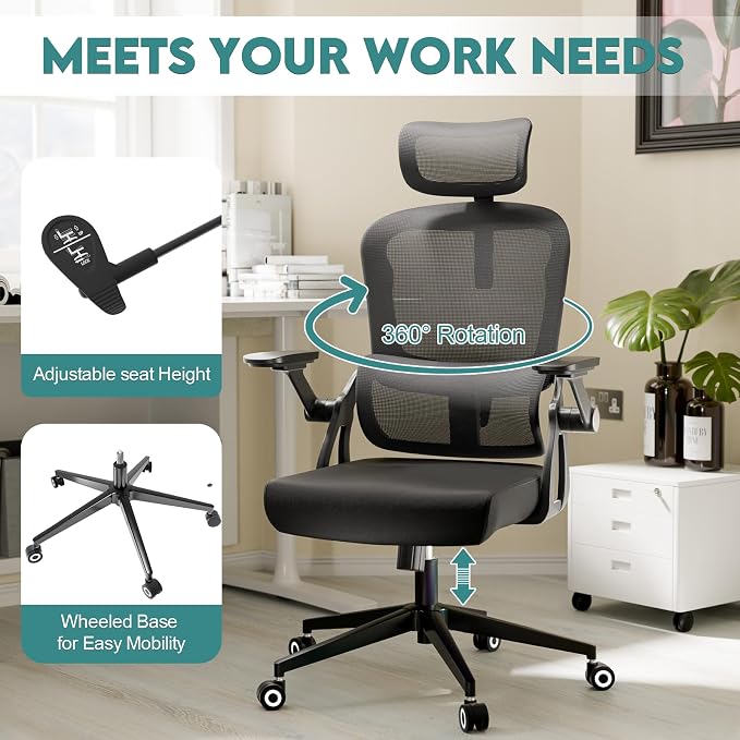 Ergonomic Office Chair - 400LB Comfy Desk Chairs with Adjustable Headrest and Lumbar Back Support, Mesh Computer Chairs with Wheels and Arms for Home Office, Study (218Black-With Headrest-NEW)