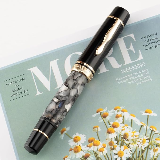 erofa Majohn P139 Piston Fountain Pen No.8 Medium Nib with Box, Gray Marble Acrylic Large Capacity Writing Pen