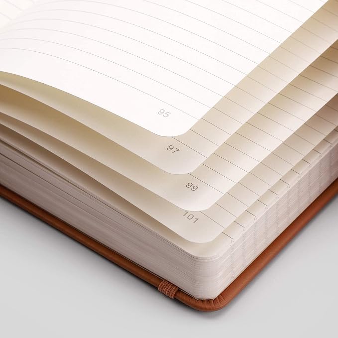 EMSHOI A5 College Ruled Notebook, 256 Numbered Pages 120GSM Ink-Proof Faux Leather Hardcover Lay-Flat Lined Journal for Work Office School Travel Writing, Small 5.75" x 8.38", Brown