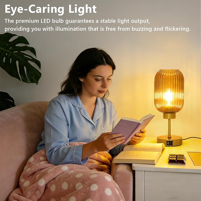 LAMSU Vintage Gold Touch Table Lamp, Small Desk Lamp with Amber Glass Shade, Bulb, Charging Port, Mid Century Modern Bedside Lamp, 3 Way Dimmable Nightstand Lamp for Bedroom Living Room Home Office