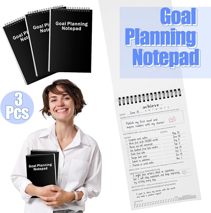 Resurhang 3 Pcs Goal Planning Notepad Goal Setting Journal Productivity Notepad Planner for Daily Work School Project Action Plan Task Management Personal Development Track