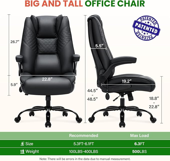 CIOMAN 500lbs Big and Tall Office Chair with Inflatable Lumbar Support, Rubber Wheels Executive Chair with Rocking Function, High Back Wide Cushion Ergonomic Desk Chair for All-Day Sitting,Black