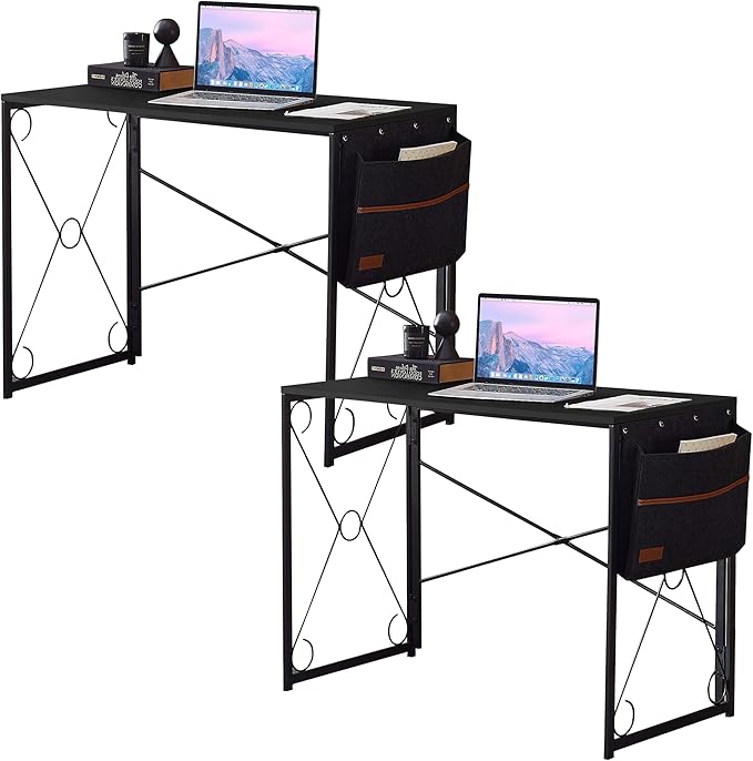 VECELO 39 Inch Folding Desk Simple Assembly, Writing Computer Desk for Home Office Study Office Foldable Table for Small Spaces,Classic Black,2 Set