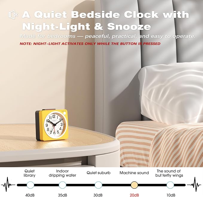 AYRELY® 2.6" × 1.4" Ultra Small Battery Operated Analog Travel Alarm Clock | Silent Non-Ticking Retro Bedside Table Clock with Snooze, Light and Easy Top Alarm Switch for Travel and Bedrooms (Yellow)