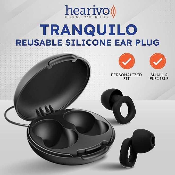 Tranquilo Ear Plugs for Sleeping, Up to 28dB Noise Reduction – Soft Reusable Silicone Earplugs for Snoring, Side Sleepers, Travel & Study – 8 XS-L Tips + Carrying Case (Black)