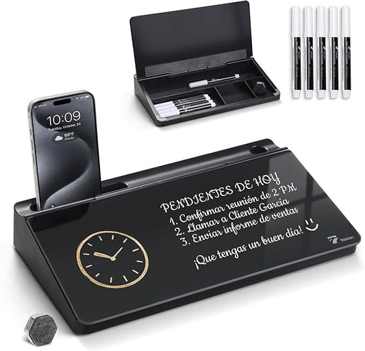TOWON Small Compact Glass Desktop Whiteboard with Storage – 12 x 7 in Dry Erase Board for Desk, Home Office, School | Includes 5 Markers, Eraser & Holder | Space-Saving Organizer, Aesthetic Black