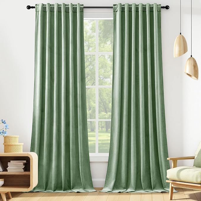 Sage Green Velvet Curtains 96 Inches for Living Room, Super Soft Thermal Insulated Room Darkening Sound Reducing Thick Curtain Privacy Drapes for Office, Back Tab Rod Pocket, W52 x L96, 2 Panels