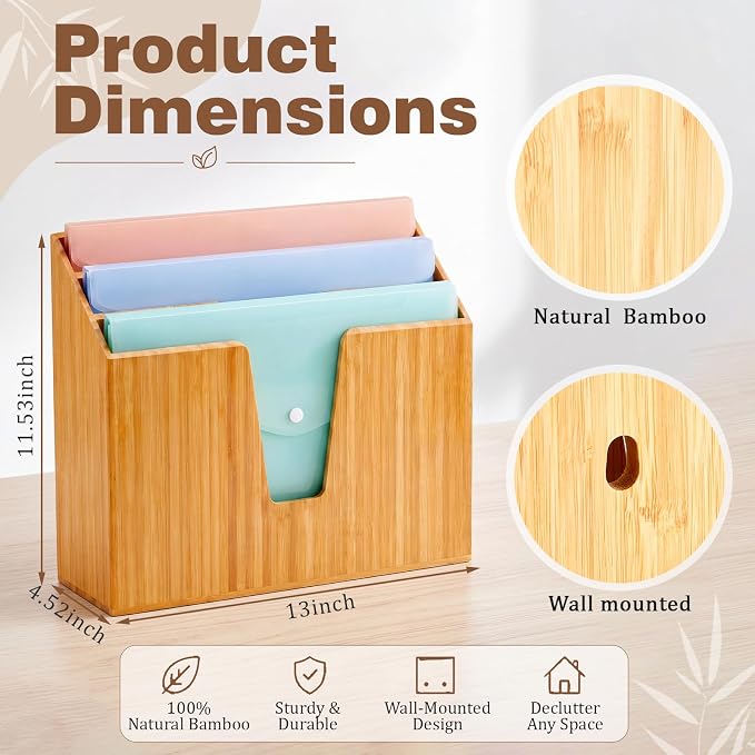 Suzile Bamboo Wall Mounted File Folder Holder Organizer, 3-tier Vertical File Organizer Wooden Sorter Rack for Office, Home, Desktop, Desk Letter Mail Document Storage, 13" x 4.5" x 11.5"
