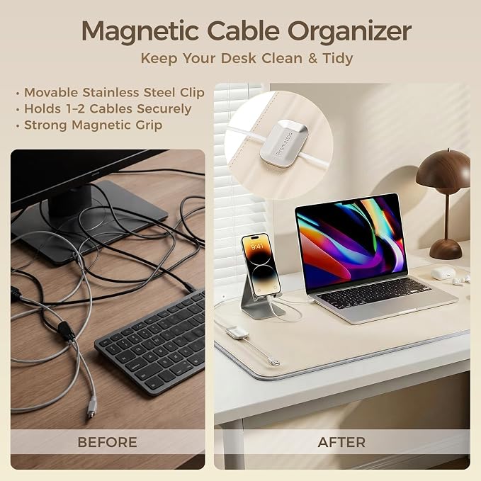 Desk Mat – Double-Sided Vegan Leather & Felt | Built-In Magnetic Cable Organizer & File Storage | Premium Workspace Pad for Office, Gaming & Creative Professionals-（Beige）