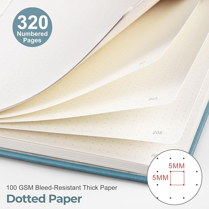 EMSHOI Dotted Journal Notebook, 320 Pages, A5 Small 5.75"x8.38", PU Leather Hardcover, 100 GSM Thick Paper, 5mm Dot Grid Notebook for Journaling, Planning, Drawing, Writing, Light Blue