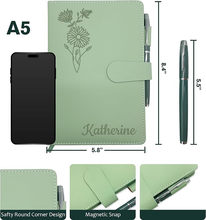 Personalized Leather Journal with Gifts Box & Pen, Custom Notebooks Diary with Engraved Birth Flower Name, Birthday Gifts for Women, Christmas Office Gift for Bridesmaid Students Teacher Mom Friend
