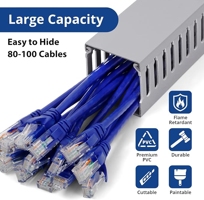 ZhiYo 3"H x 3"W Cable Raceway, 6ft Under Desk Wire Management Channel, Grey | Slotted Wire Duct, 2 Pack (3 ft Each), Heavy-Duty PVC Cable Management for Server Racks, Network Cables & Electrical Cabinets