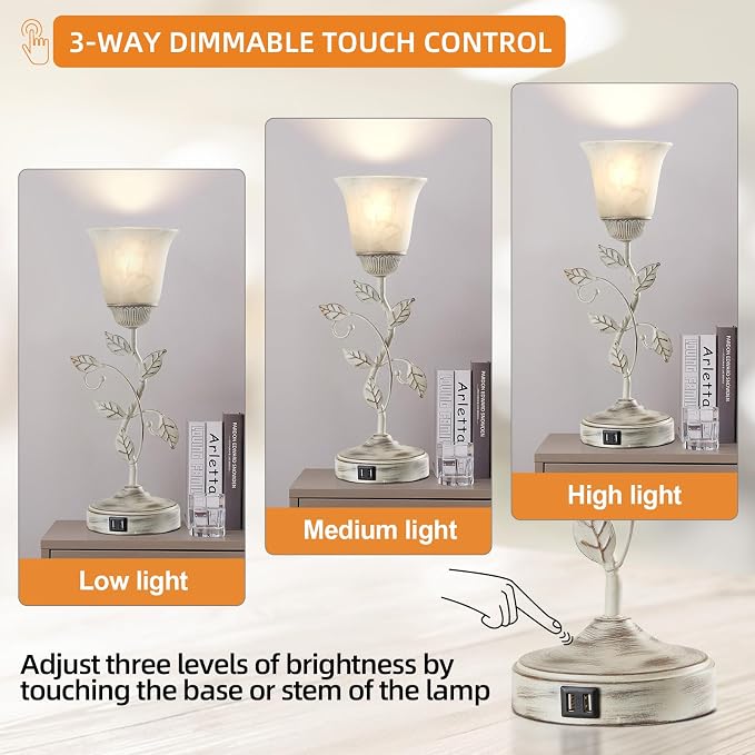 Rustic Touch Table Lamp for Bedroom, 3-Way Dimmable Nightstand Lamp with 2 USB Ports, Retro Vintage White Glass Shade Leaf Desk Lamp for Living Room Entryway, LED Bulb Included