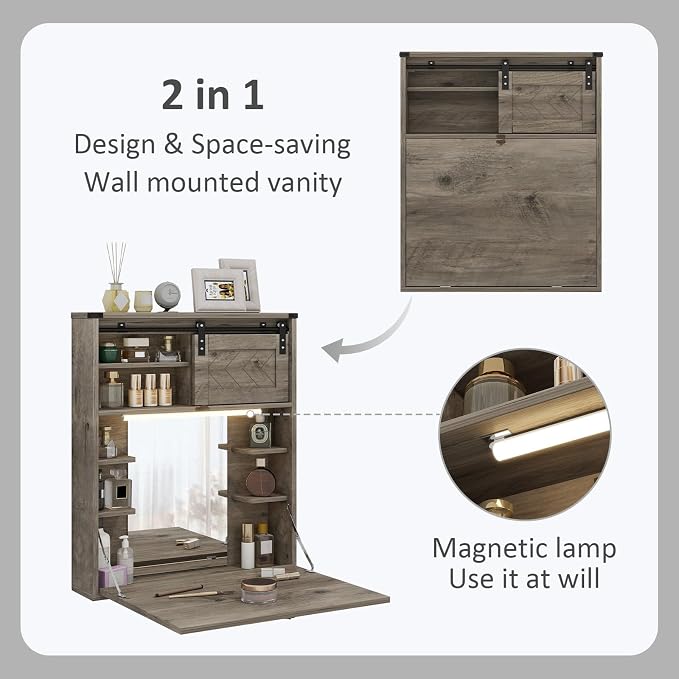 ARTETHYS Floating Vanity Desk with Mirror and Lights Small Wall Mounted Makeup Set with Storage Gray Farmhouse Dressing Table for Tiny Space