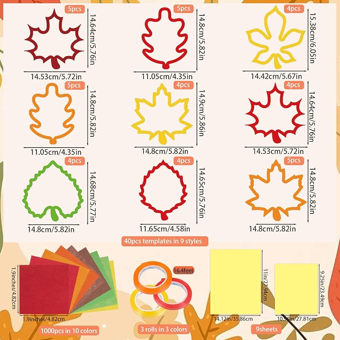 Renbuzhu 40PCS Fall Crafts Bulk: Leaves Paper Suncatchers DIY Kit for Autumn Thanksgiving Activities Decorations, Window Stained Glass Effect Art Supplies(Colorful)