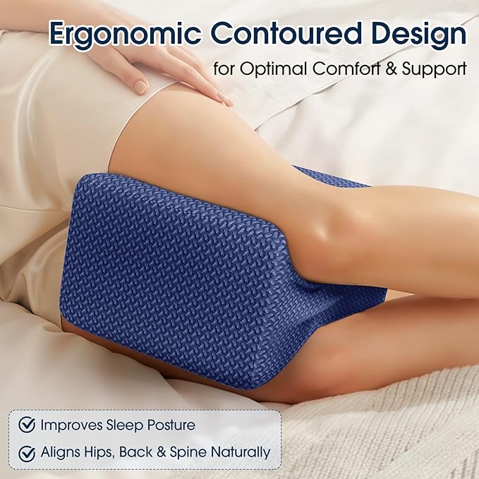 BlissTrends Memory Foam Knee Pillow, Knee Pillow for Side Sleepers, Leg Pillows for Sleeping Blood Circulation, Elevation Pillow for Spine Aligning, Sciatica, Hip, Knee, Ankle Pain, Blue, Medium