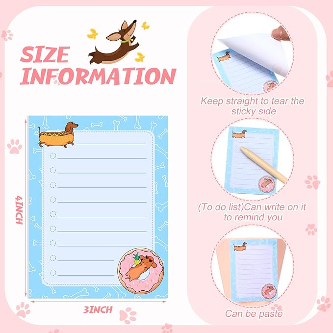 12 Pieces Dachshund Sticky Notes Dachshund Gifts 3x4 Inch Cute Cartoon Dog Self Stick Notepads Puppy Lover Gifts Dog to Do List Cute Memo Pads for Home Office Supplies
