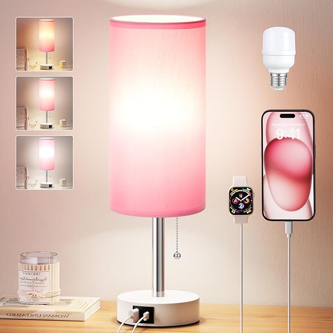 Dicoool Pink Bedside Table Lamp for Bedroom, Small Nightstand Lamp for Girls Kids, 3 Color Temperatures & USB Charging Port, Cute Desk Lamp for Teens Room Decor, Dorm Room Essentials