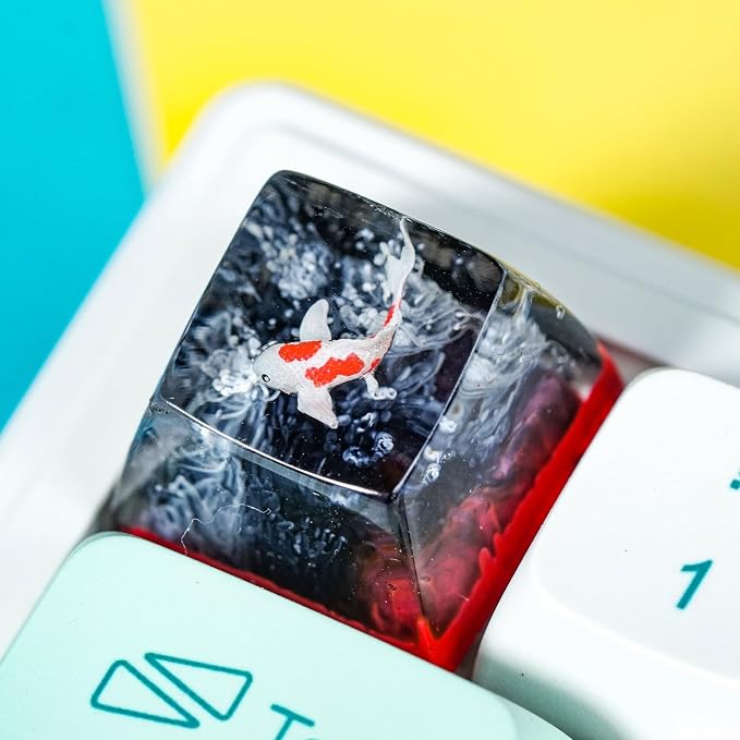 Koi Fish Artisan Keycap Black Red - 1U ESC, R1 SA Profile Custom Handmade Resin Cherry MX Switch Key Cap Mechanical Keyboard, Cool Tech Gifts for Men, Dad, Father, Gamer, Koi Lover