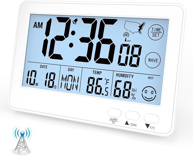 Small Desk Atomic Alarm Clock for Bedroom, Self-Calibrating Time and Date Clock with 4 Time Zone, DST, Temperature, Humidity, Alarm and Snooze for Children's Bedroom, School