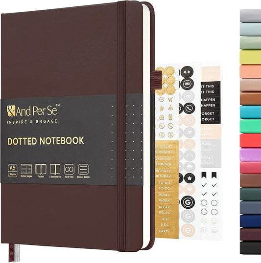 &And Per Se Dotted Journal Notebook, A5 Hardcover Leather Dotted Journal, 160 Pages 100gsm Thick Dot Grid Paper, 3 Sheets of Stickers Included - 5.7'' x 8'' (Chocolate)