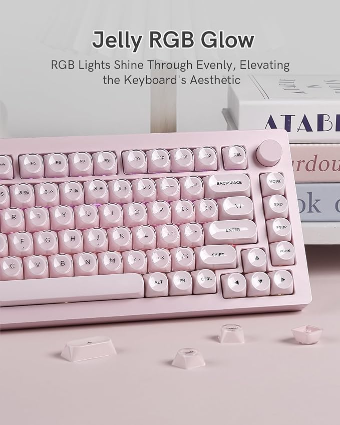 PBT Keycaps, MOA Profile Pink Jelly Keycaps, 129 Keys Cute Custom Key caps for MX Switches Mechanical Keyboard, Compatible with 60%, 65%, 75%, 96%, Full-Sized Layout
