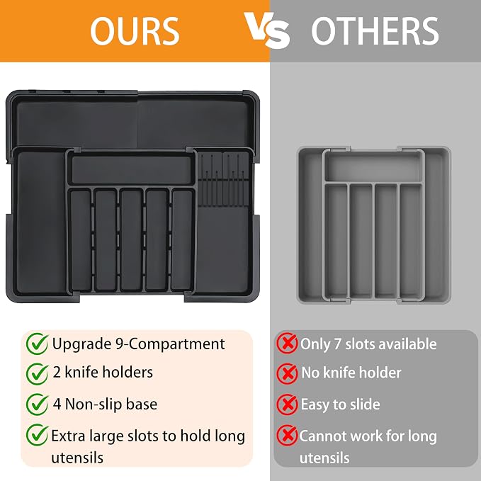 Silverware Organizer - Expandable Large Kitchen Drawer Organizer Utensil Organizer with 2 Removable Knife Blocks, 22"x 19"Cutlery Tray Drawer Dividers for Kitchen Flatware(6-9 Slots) (Black)