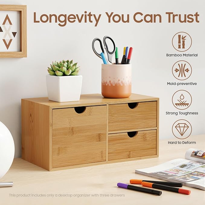 Desk Organizer, Office Vanity Bamboo Desk Organizer, Mini Bamboo Desk Drawer Tabletop Storage Box with 3 Drawer Night Stand Table Organizer for Makeup Vanity Office Supplies (3 Drawer, 1 Left+2 Right)