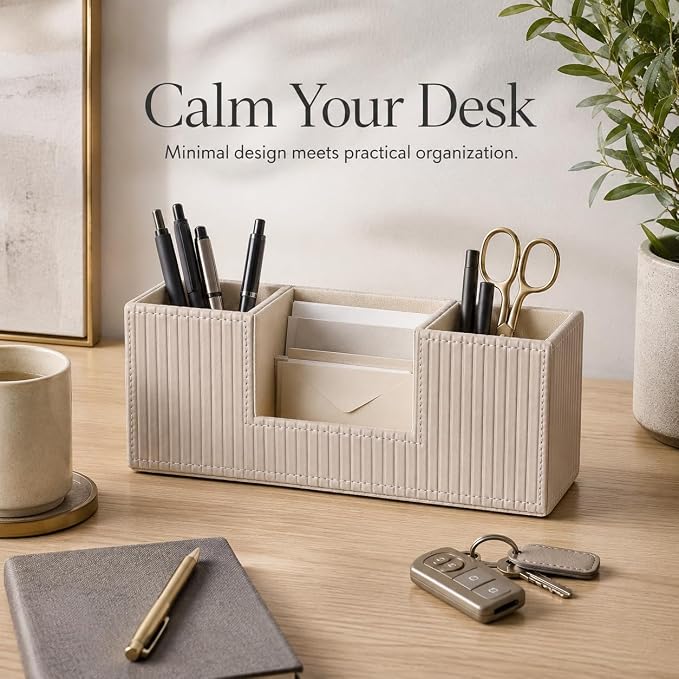 GORESE Pen Holder for Desk, Leather Small Desk Organizer for Office, Beige | 4-Compartment, Vegan Leather, Office Supplies, Desk Caddy Nightstand Organizer for Pen, Pencil, Remote Control, Business Card