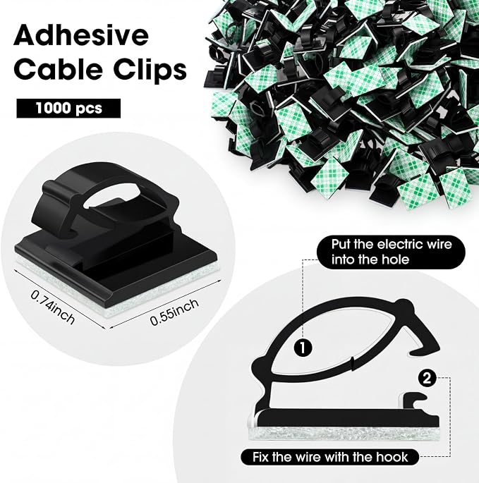 EBOOT 1000 Pieces Adhesive Cable Wire Clips Strong Cord Clips Wire Holders Cable Cord Management Straps Clamps Tie Holder for The Wall, Under Desk, Car, Office and Home