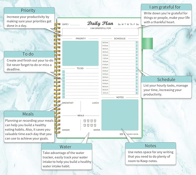 Daily Planner Undated, To Do List Notebook with Hourly Schedule Calendars Meal, Spiral Appointment Organizers Notebook for Man/Women, Pocket,Pen Loop, 160 Pages (7x10")