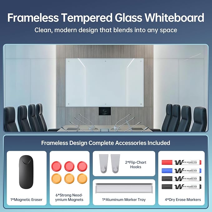 Glass Whiteboard 72" x 40", Frameless Wall Mounted Dry Erase Board with Tempered Glass Surface, Steel-Backed Magnetic Support, Tray, Eraser, Markers & Magnets for Office, School, Home