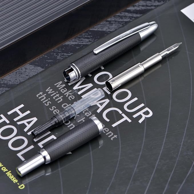 Jinhao 10 Press Fountain Pen with Box, Wavy Matt Black Chromium Retractable Fine Nib with Converter Set (Silver Clip)