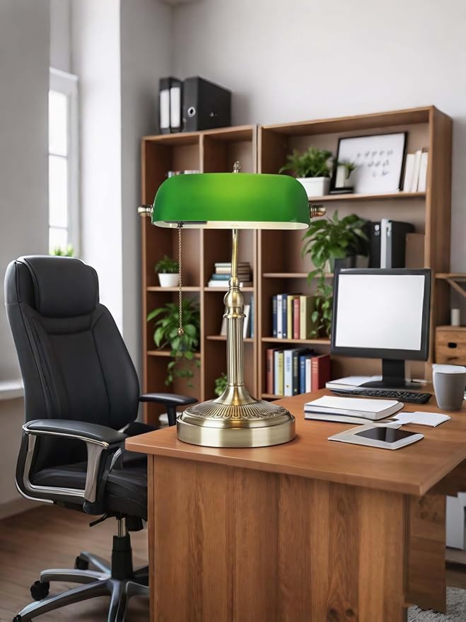 Green Glass Bankers Desk Lamp with Pull Chain Switch Plug in Fixture for Home Office