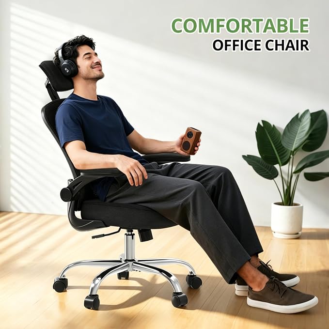 Office Chair Ergonomic Desk Chair, 330LBS Capacity, High Back Computer Chair for Long Hours Comfortable, Rolling Swivel Executive Task Chair for Home Office with Flip-up Armrests, Black Black-Chrome