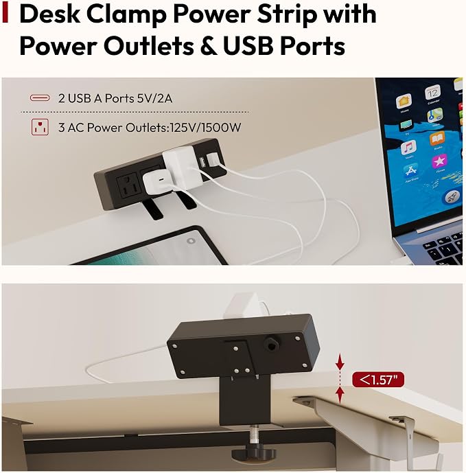 SANODESK Electric Standing Desk with Desk Clamp Power Strip 55"x 28" Whole-Piece Desktop Height Adjustable Stand Up with Cable Management Sit Stand Home Office Desk Silver Frame/White Top