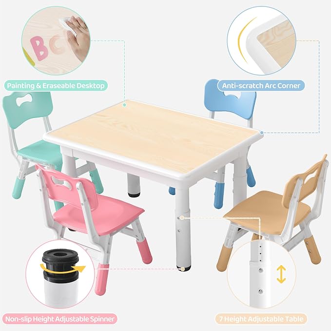 DOREROOM Adjustable Kids Table & 4 Chairs Set, 31.5"L x 23.6"W, Multicolor | Graffiti Desktop,Table Supports 300 lbs,Toddler Ages 2-8，FSC-certified, Children Activity Table for Daycare, Classroom, Home