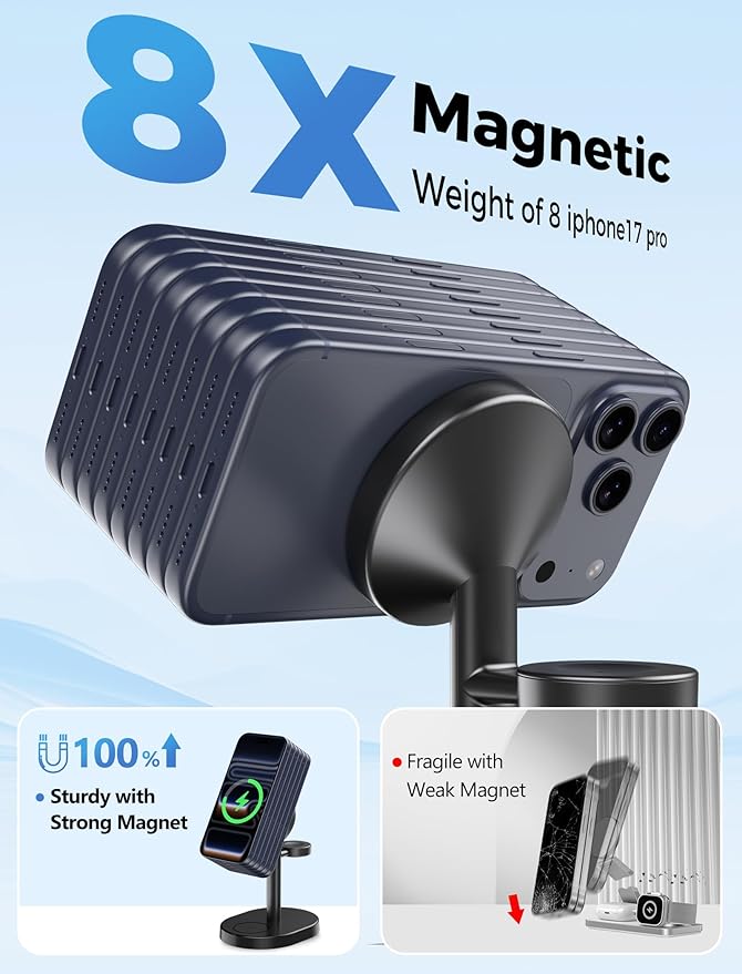 2026 3 in 1 Wireless Charging Station for Apple MagSafe Charger, 15W Fast Magnetic Mag-Safe Charger Stand for iPhone 17 16 15 14 13 12 Apple Watch AirPods Series, Gifts for Men